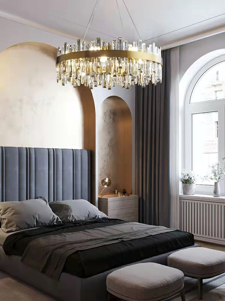 Lustre rond en cristal, luminaire de plafond moderne et luxueux pour salon et salle à manger