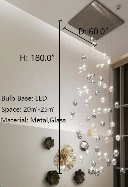 D60.0"*H180.0" ZARA SQUARE RAINFALL / WATERFALL GLASS GLOBE / BUBBLE CHANDELIER,ZARA RECTANGLE RAINFALL / WATERFALL GLASS GLOBE / BUBBLE CHANDELIER,chandelier,chandeliers,glass,metal,bubble,sphere,multiple,glass bubble,glass sphere,flush mount,ceiling,gold,extra large,large,huge,big,oversized,round,rectangle,square