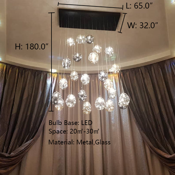 L65.0"*W32.0"*H180.0" ZARA SQUARE RAINFALL / WATERFALL GLASS GLOBE / BUBBLE CHANDELIER,ZARA RECTANGLE RAINFALL / WATERFALL GLASS GLOBE / BUBBLE CHANDELIER,chandelier,chandeliers,glass,metal,bubble,sphere,multiple,glass bubble,glass sphere,flush mount,ceiling,gold,extra large,large,huge,big,oversized,round,rectangle,square