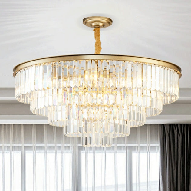 Lampadario rotondo in cristallo a forma di torta in ferro con finitura nera/oro, per soggiorno