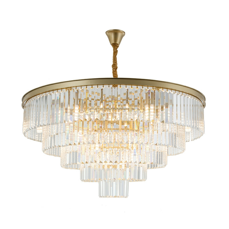 Lampadario rotondo in cristallo a forma di torta in ferro con finitura nera/oro, per soggiorno