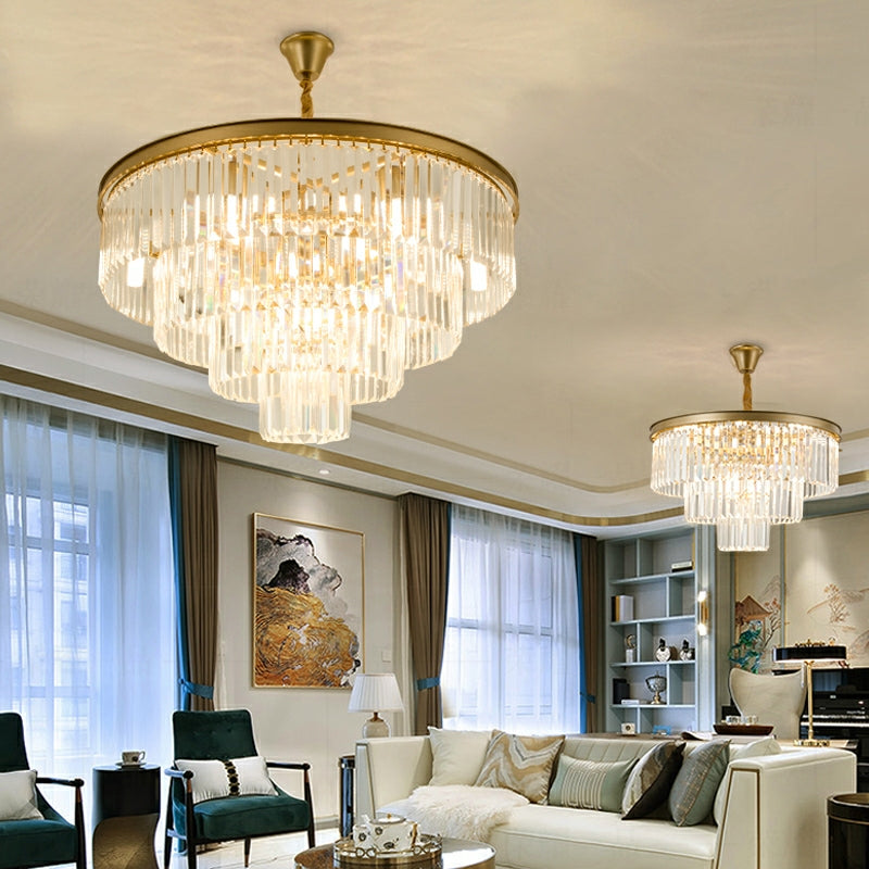 Lampadario rotondo in cristallo a forma di torta in ferro con finitura nera/oro, per soggiorno