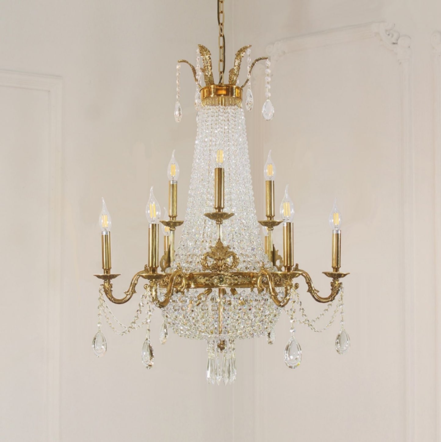 8/12/15 Lights Decorative Empire Brass Candles Crystal Chandelier Romantic Foyer Living Room Ceiling Light Fixture in Pure Copper Finish
