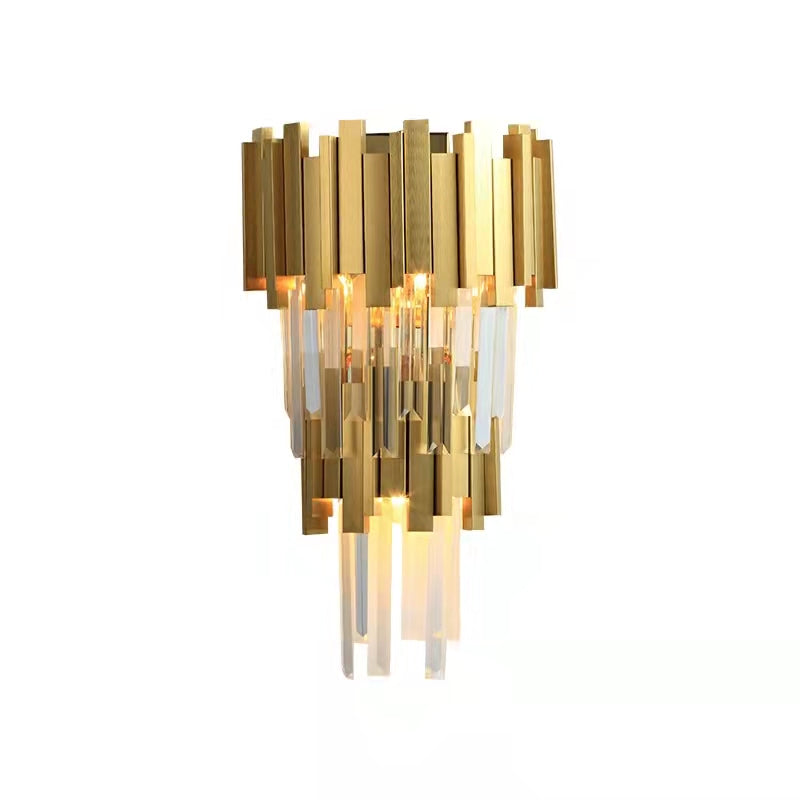 Tiered Gold Chandelier With Rectangle-Cut Crystal Modern LED Hanging Light