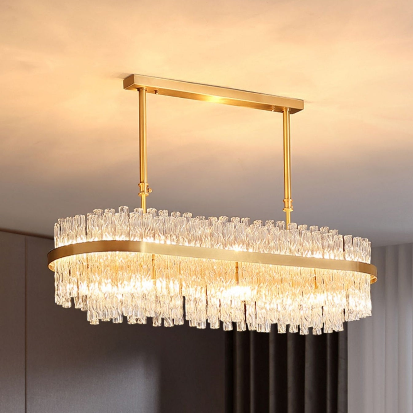 Elegante lampadario a forma di tubo di cristallo in ottone per soggiorno, lampada da soffitto/tavolo da pranzo rotondo in rame puro