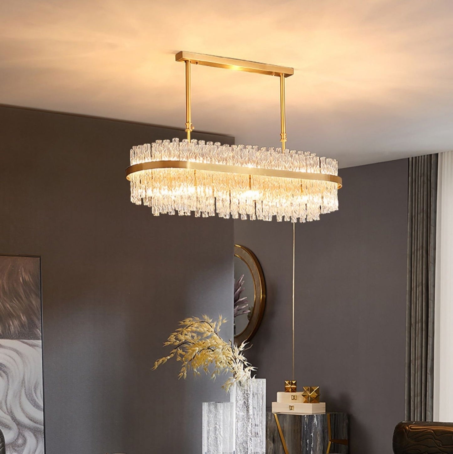 Elegante lampadario a forma di tubo di cristallo in ottone per soggiorno, lampada da soffitto/tavolo da pranzo rotondo in rame puro