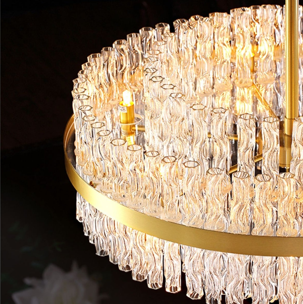Elegante lampadario a forma di tubo di cristallo in ottone per soggiorno, lampada da soffitto/tavolo da pranzo rotondo in rame puro