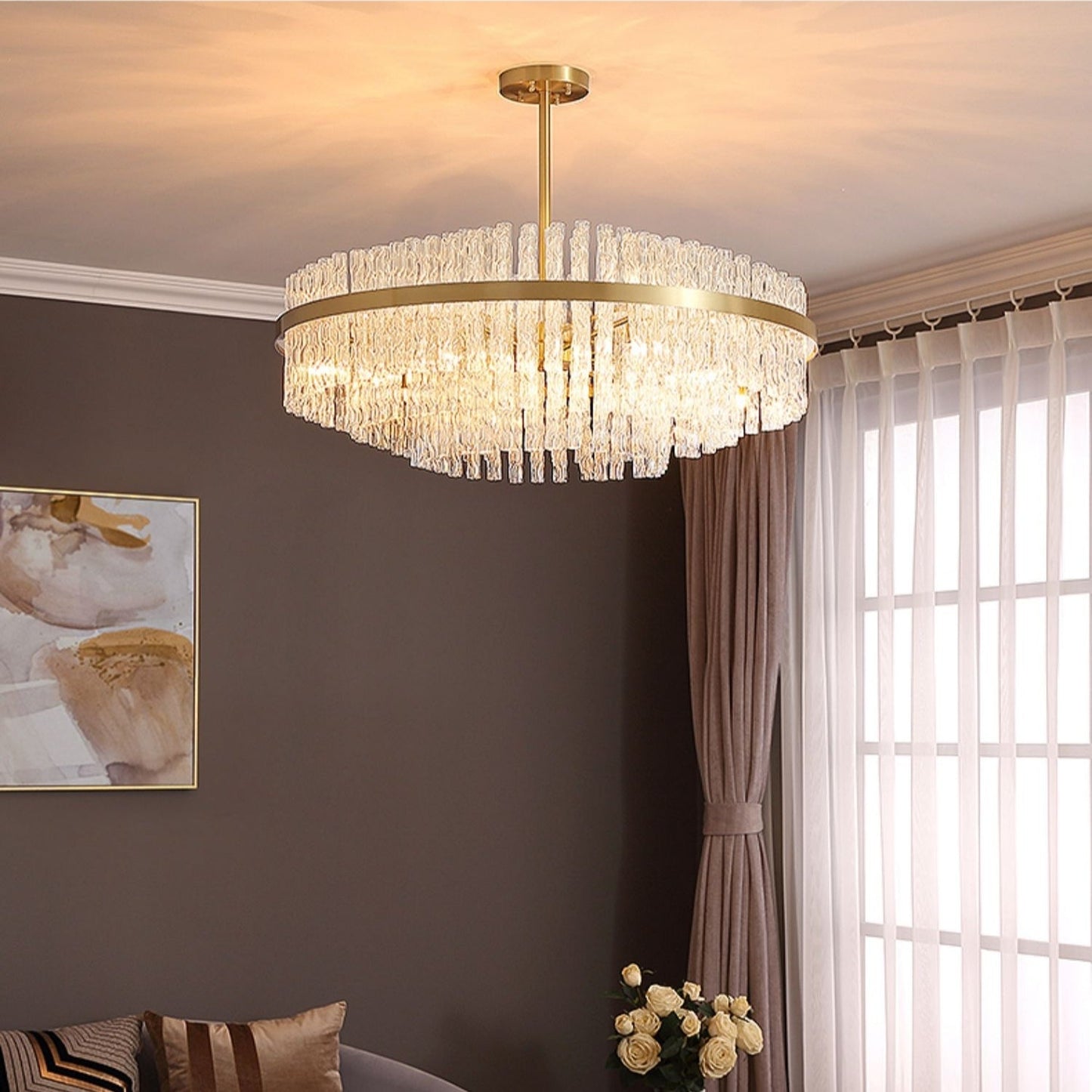 Elegante lampadario a forma di tubo di cristallo in ottone per soggiorno, lampada da soffitto/tavolo da pranzo rotondo in rame puro