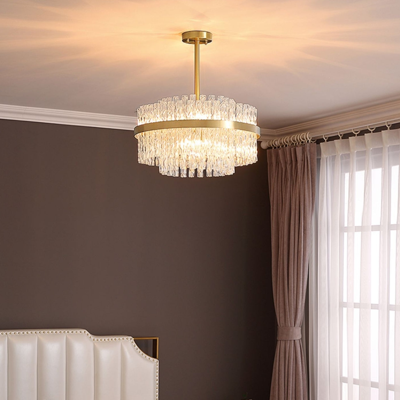 Elegante lampadario a forma di tubo di cristallo in ottone per soggiorno, lampada da soffitto/tavolo da pranzo rotondo in rame puro