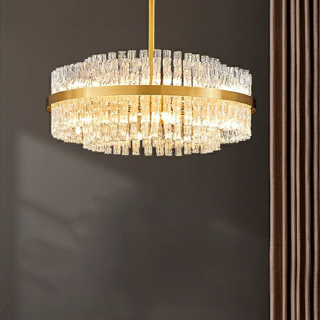 Elegante lampadario a forma di tubo di cristallo in ottone per soggiorno, lampada da soffitto/tavolo da pranzo rotondo in rame puro