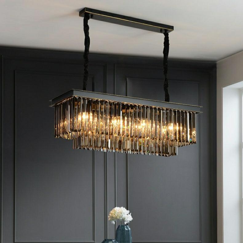Lustre en cristal tendance pour îlot de cuisine, finition noir/gris fumé, suspension rectangulaire à deux niveaux pour table à manger longue