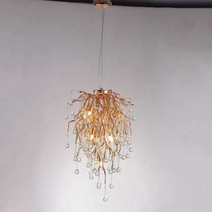 Modern Brass Branch Crystal Pendant Round Chandelier for Living/Dining Room/Bedside