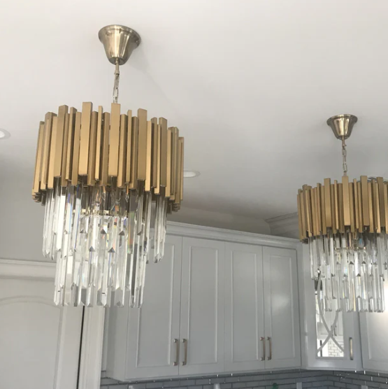 Nordic Brass Finish Tiered Round Crystal Pendant Light for Dining Room/Kitchen Island