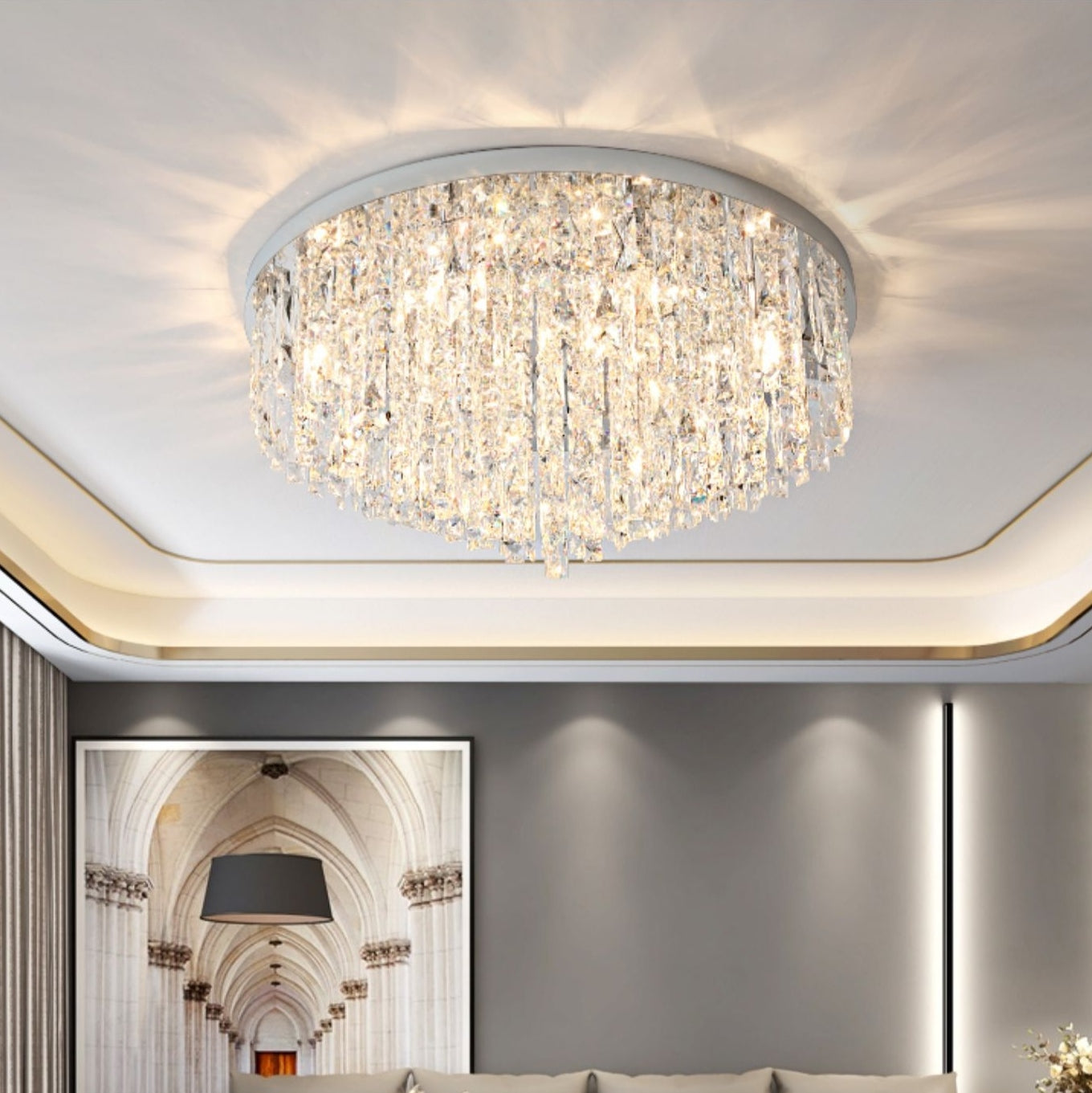 Lampadario rotondo in cristallo moderno per soggiorno, finitura oro/argento, lampada da soffitto per camera da letto