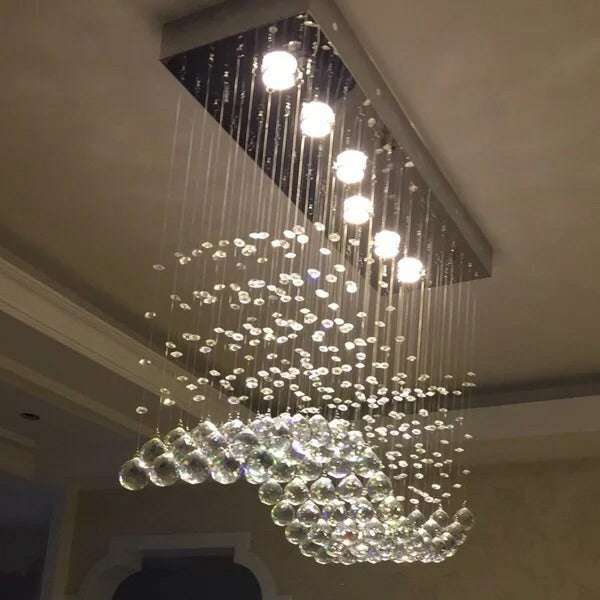Modern Chrome Rectangle Dining Table Ceiling Chandelier Wave Crystal Ball Drops Hanging Pendant Light