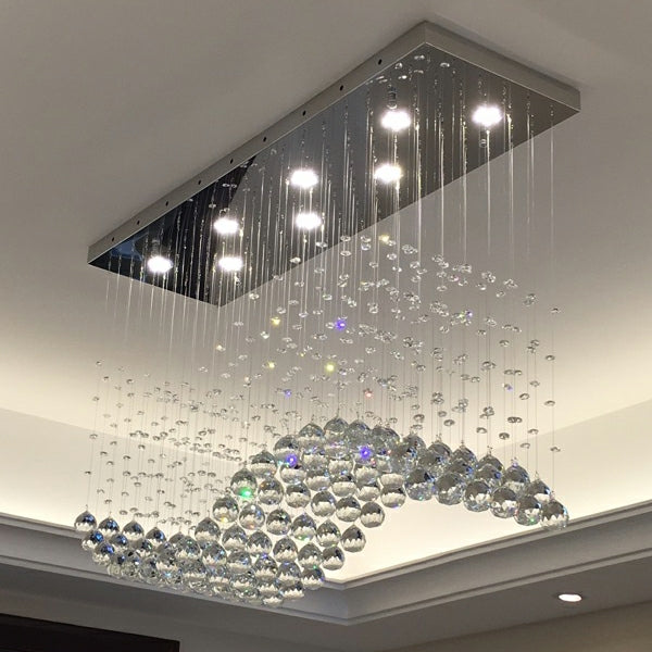 Modern Chrome Rectangle Dining Table Ceiling Chandelier Wave Crystal Ball Drops Hanging Pendant Light