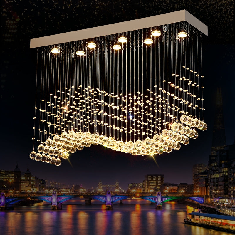 Modern Chrome Rectangle Dining Table Ceiling Chandelier Wave Crystal Ball Drops Hanging Pendant Light