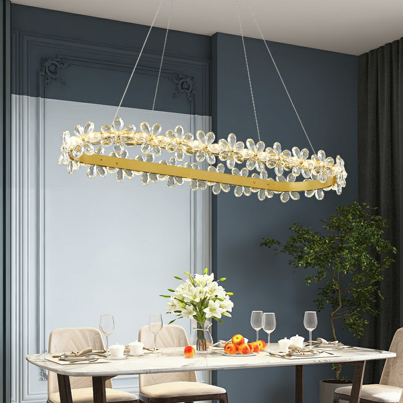 Lampadario di cristallo a forma di fiore in stile nuovo per soggiorno, lampadario economico a forma di anello di petali per camera da letto delle ragazze