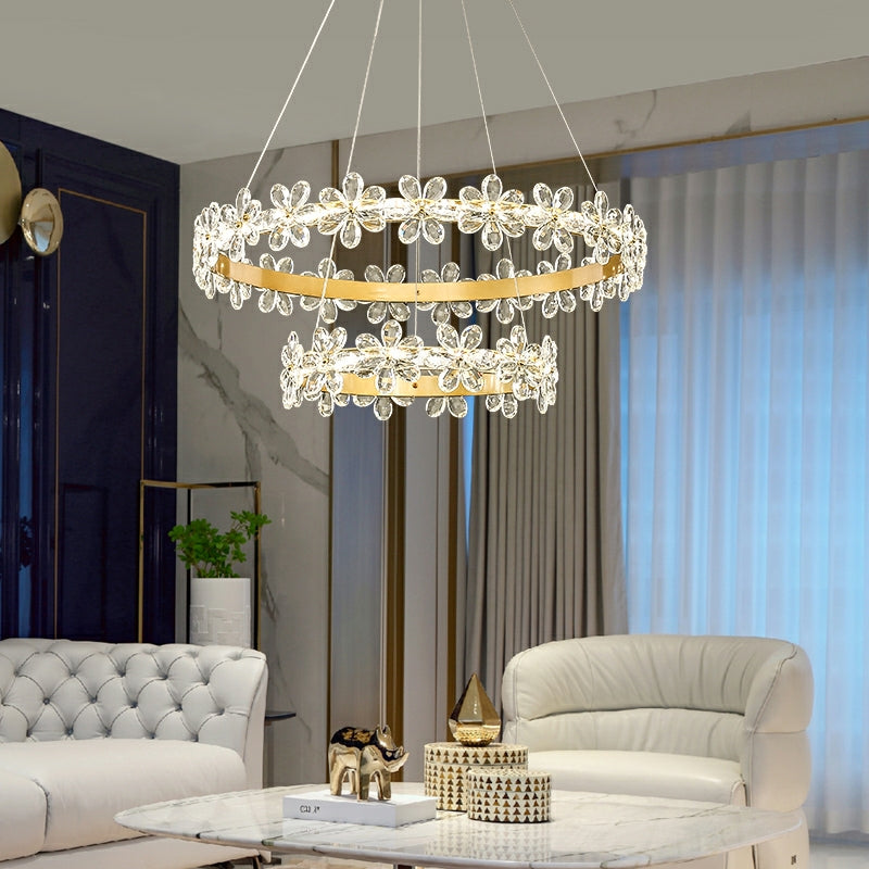 Lampadario di cristallo a forma di fiore in stile nuovo per soggiorno, lampadario economico a forma di anello di petali per camera da letto delle ragazze