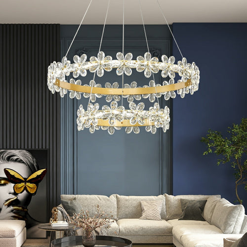 Lampadario di cristallo a forma di fiore in stile nuovo per soggiorno, lampadario economico a forma di anello di petali per camera da letto delle ragazze