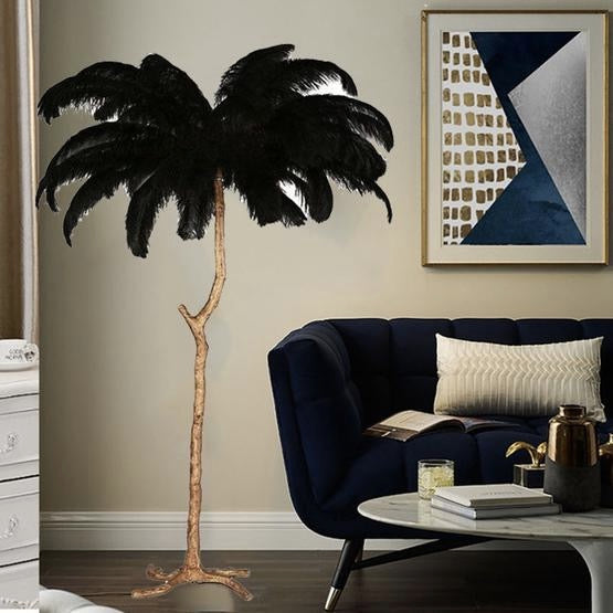 Lampadaire en plumes d'autruche pour salon, luminaire décoratif de luxe en forme d'arbre, en cuivre pur