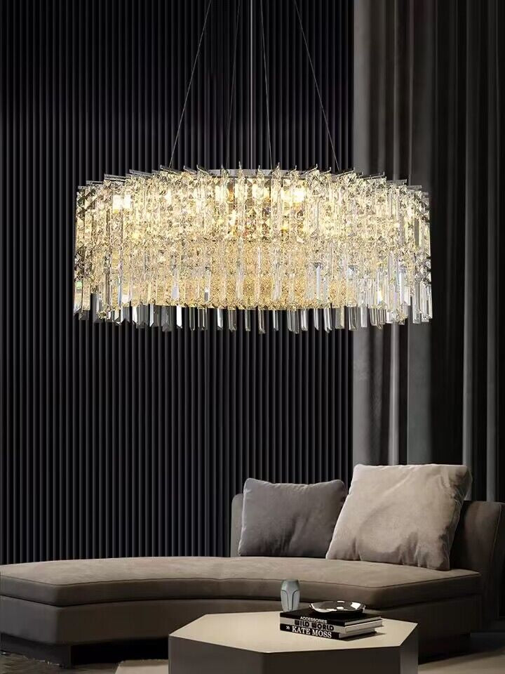 Lampadario moderno in cristallo rotondo cromato argento, elegante, per soggiorno/camera da letto