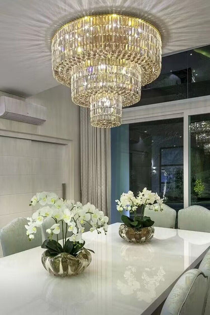 Flush Mount Modern Luxury 3-Tier Gold Round Crystal Chandelier for Living/Dining Room