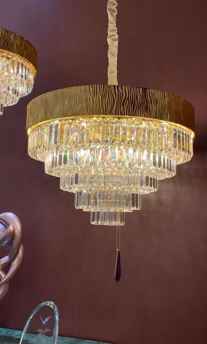 Lustre de plafond rond/ovale en cristal doré, luxueux et moderne, surdimensionné, pour salon/salle à manger