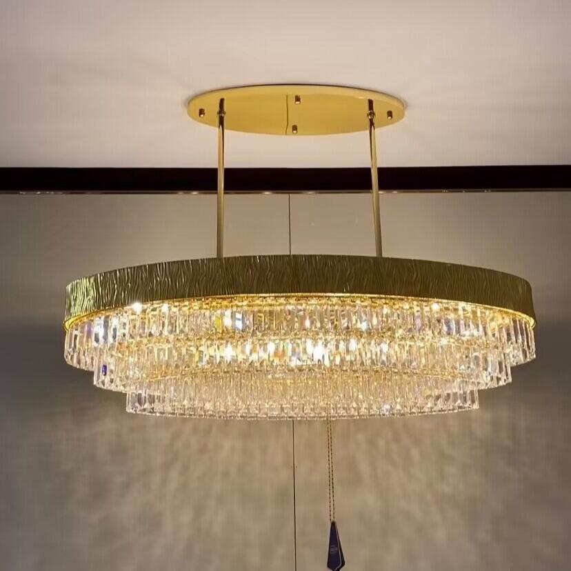 Lustre de plafond rond/ovale en cristal doré, luxueux et moderne, surdimensionné, pour salon/salle à manger