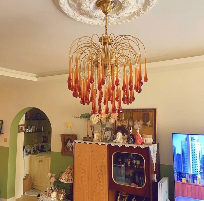 French Style Bedroom Small Creative Chandelier Vintage Romantic Warm Vibe Amber Waterdrop Light Fixture for Restaurant Dining Room Kids Room