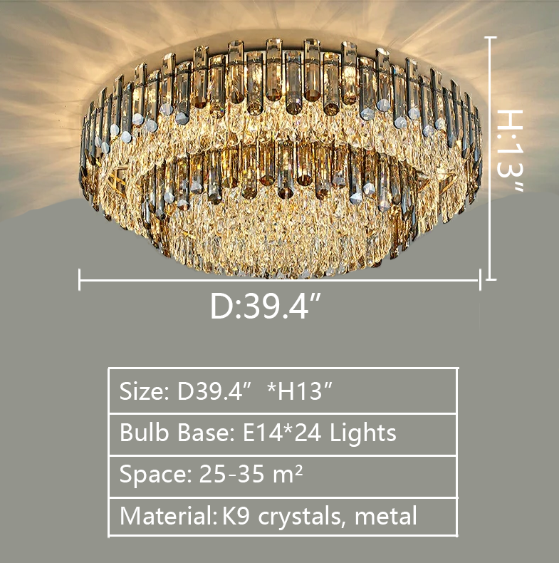 Luxury Large Flush Mounted K9 Round Crystal Chandelier 39.4inch for living room dining room