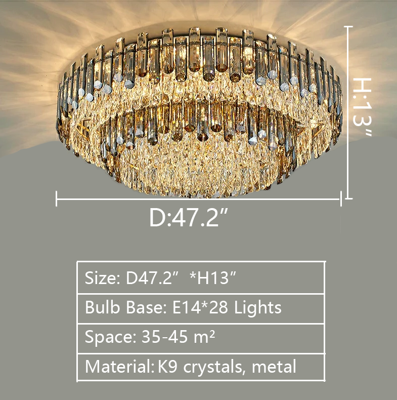 Luxury Large Flush Mounted K9 Round Crystal Chandelier 47.2inch for living room dining room oversized