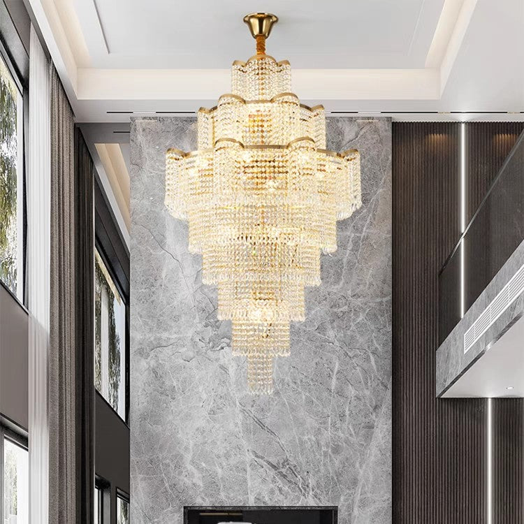 Extra Large Ligh Luxury Multi-layer Flower Crystal Pendant Long Chandelier for Living Room/Foyer/Hotel Lobby