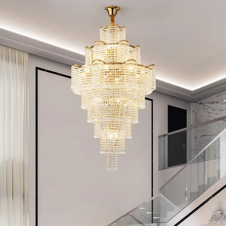Extra Large Ligh Luxury Multi-layer Flower Crystal Pendant Long Chandelier for Living Room/Foyer/Hotel Lobby