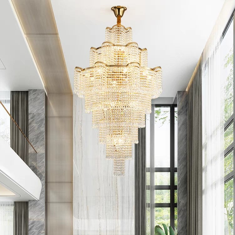 Extra Large Ligh Luxury Multi-layer Flower Crystal Pendant Long Chandelier for Living Room/Foyer/Hotel Lobby