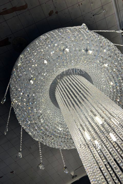 Extra Large Flush Mount Silver Waterfall Luxury Ceiling Crystal Chandelier for High-ceiling Living Room/Duplex Hall
