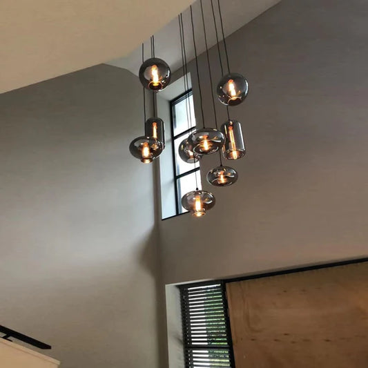 Modern Smoke Gray Glass Pendant Light Fixture Chandelier For 2 Story Foyer/Entryway/Staircase