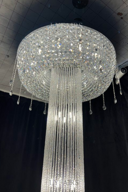 Extra Large Flush Mount Silver Waterfall Luxury Ceiling Crystal Chandelier for High-ceiling Living Room/Duplex Hall