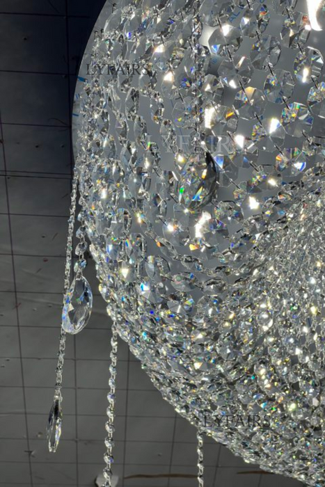 Extra Large Flush Mount Silver Waterfall Luxury Ceiling Crystal Chandelier for High-ceiling Living Room/Duplex Hall