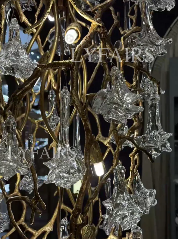 Nature-inspired Brass Tree Chandelier with Glazed Glass Flowers