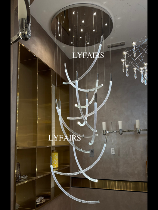 Modern Sculptural Curved Air Bubble Crystal Rod LED Chandelier