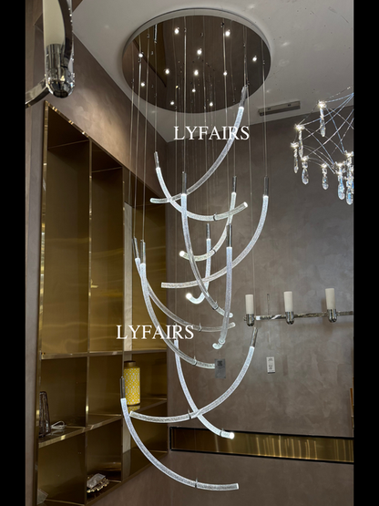 Modern Sculptural Curved Air Bubble Crystal Rod LED Chandelier