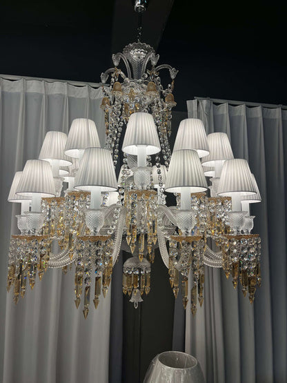 Lampadario di lusso classico a più livelli con paralume in cristallo giallo e candela, grande e luminoso, per stanze con soffitti alti/soggiorno