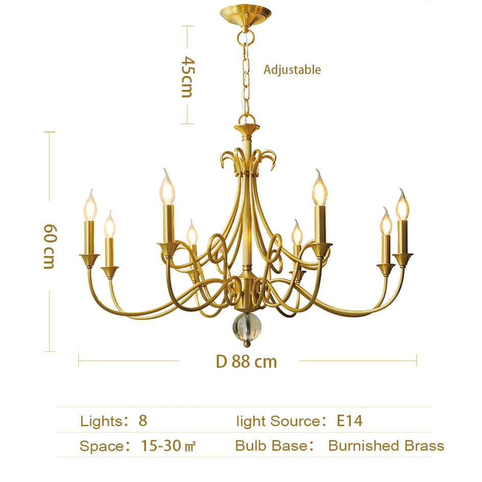 Lampadario a lume di candela | Plafoniere da soffitto in stile rustico | Ottone naturale E14, lunghezza regolabile
