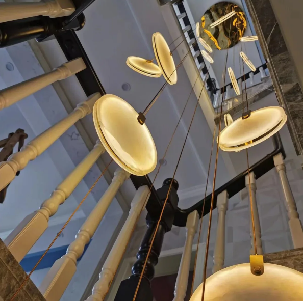 Modern Floating Round Alabaster Chandelier for High Ceiling