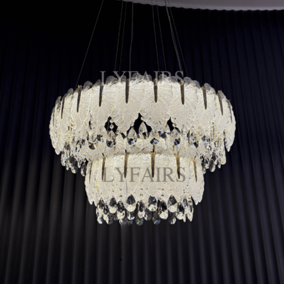 Luxurious Cascading Handcrafted Glass Leaf Multi-Tier Crystal Waterfall Chandelier