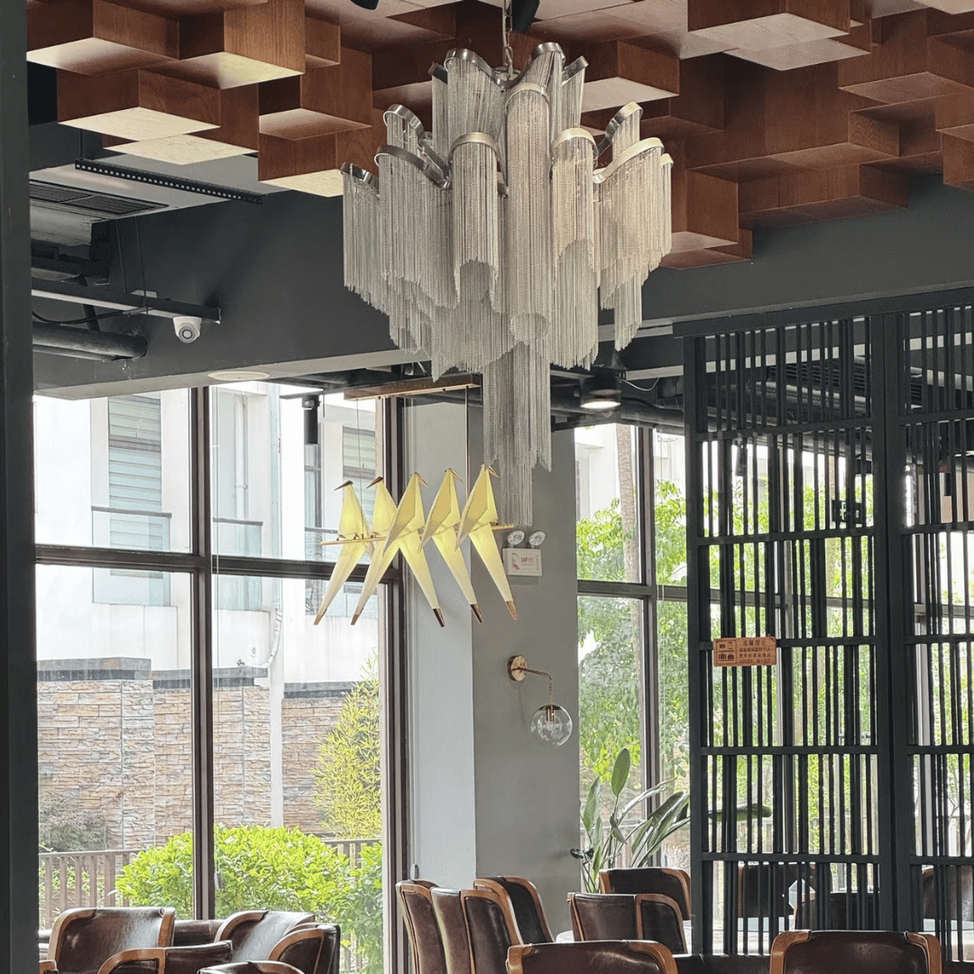 Contemporary Luxury Silver Stainless Steel Waterfall Tassel Chandelier