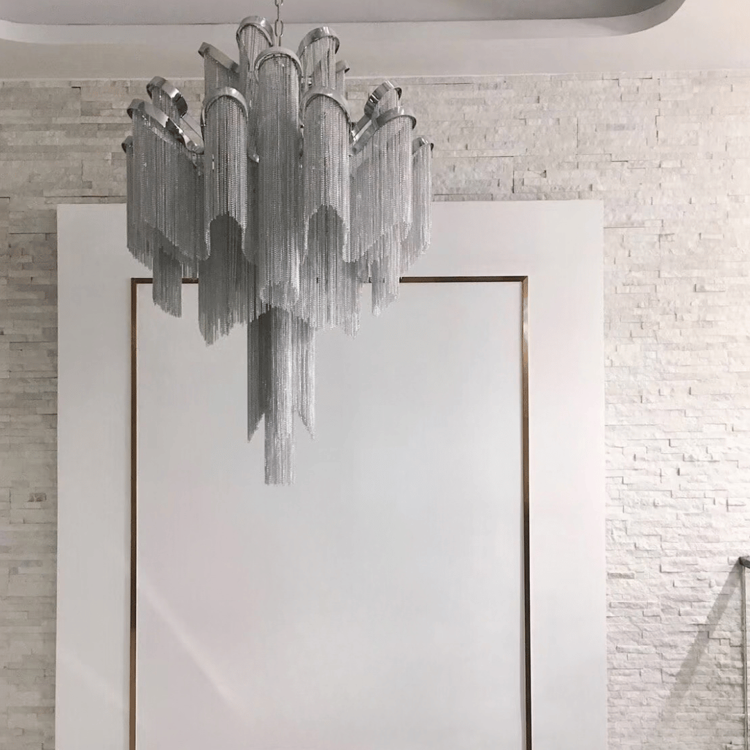 Contemporary Luxury Silver Stainless Steel Waterfall Tassel Chandelier