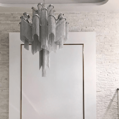 Contemporary Luxury Silver Stainless Steel Waterfall Tassel Chandelier
