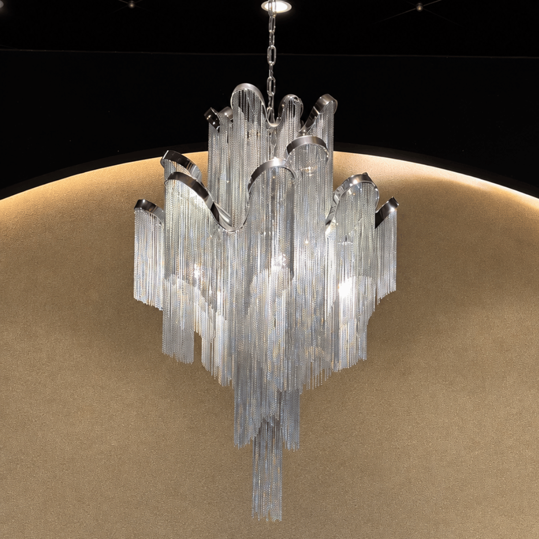 Contemporary Luxury Silver Stainless Steel Waterfall Tassel Chandelier